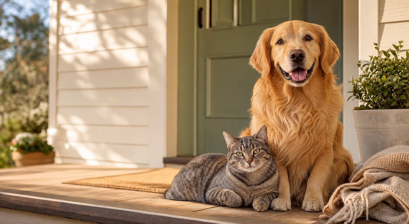 A friendly golden dog and tabby cat sitting together on a welcoming front porch
